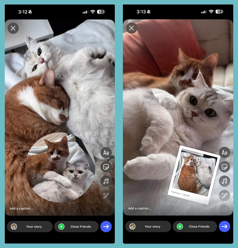 Instagram Story Stickers Example: Left side: Photo Sticker, Right side: Frame Sticker