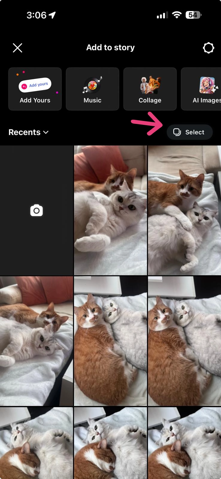 Instagram App: Select multiple photos icon for Stories