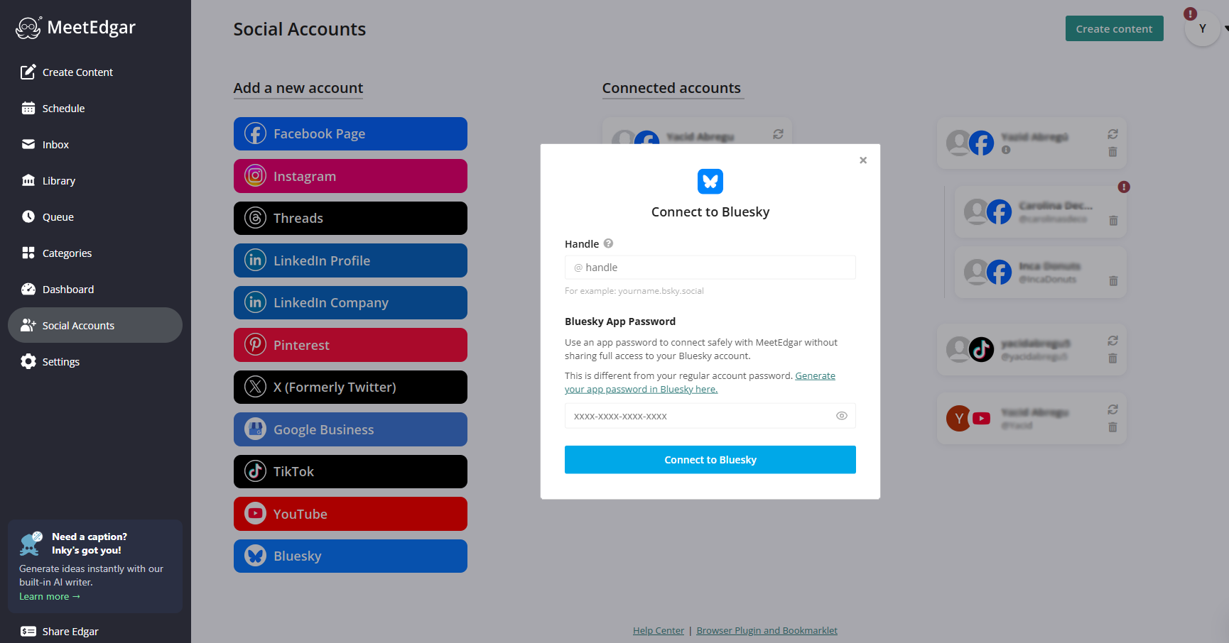 MeetEdgar social account connection screen with Bluesky option highlighted