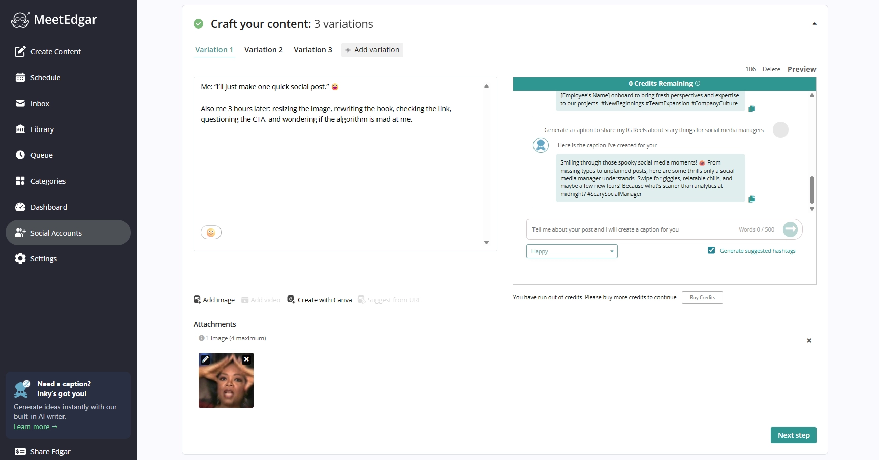 MeetEdgar content composer showing Bluesky post being drafted