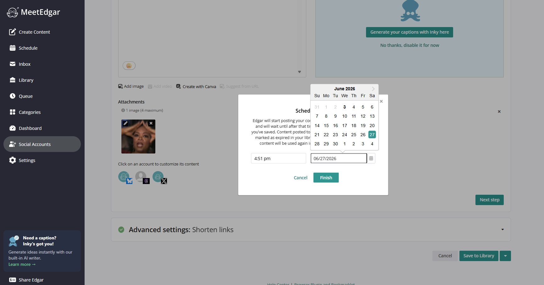 MeetEdgar publishing options showing Bluesky post being scheduled - select date and time 