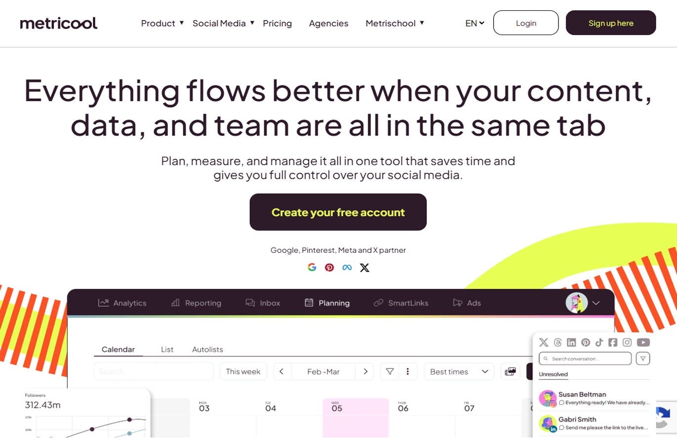 Metricool social media tool - Homepage