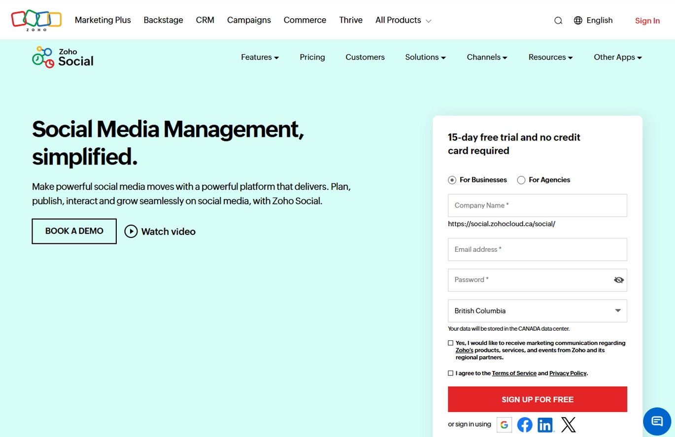 Zoho social media management tool - homepage
