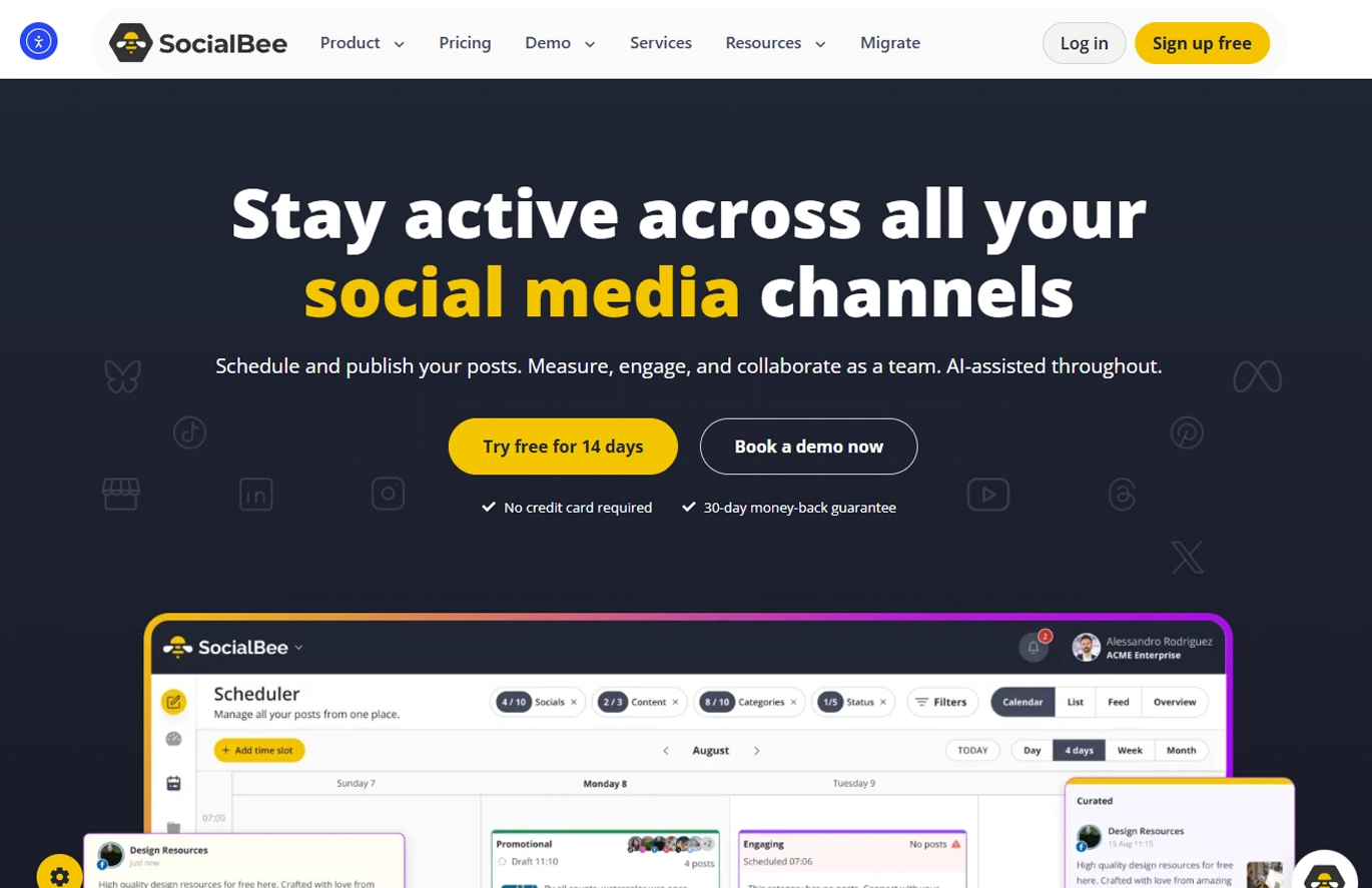 Socialbee social media management tool homepage