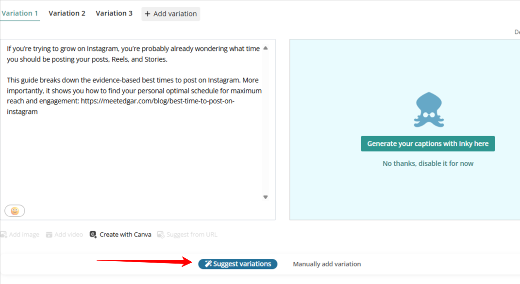 Auto suggest variations and IA caption generator features on MeetEdgar app