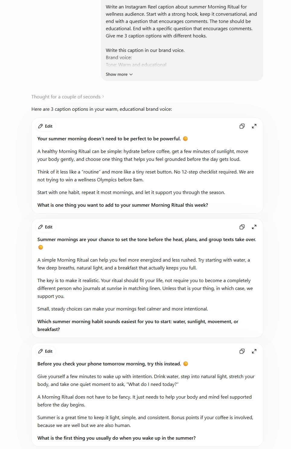 Instagram reels captions generated using AI - chat from ChatGPT