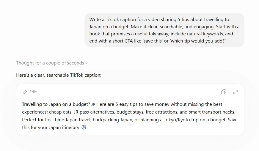 TikTok caption generated using AI - chat from ChatGPT