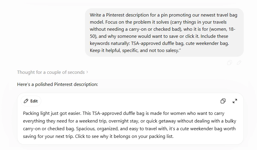 Pinterest product caption generated with AI - Chat from CHATGPT