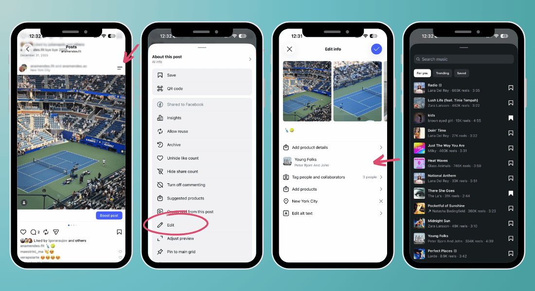 Visual tutorial to replace audio showing Instagram feed post Edit and Replace Audio options
