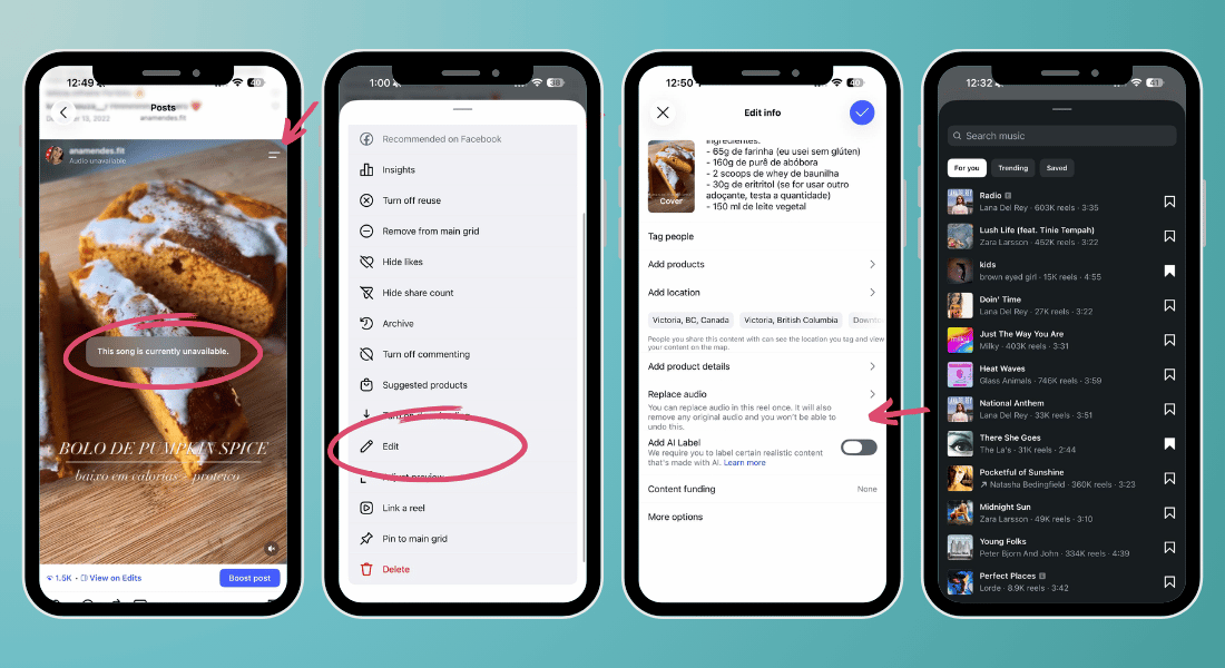 Fix muted audio tutorial: showing Instagram Reel Edit and replace audio on audio unavailable