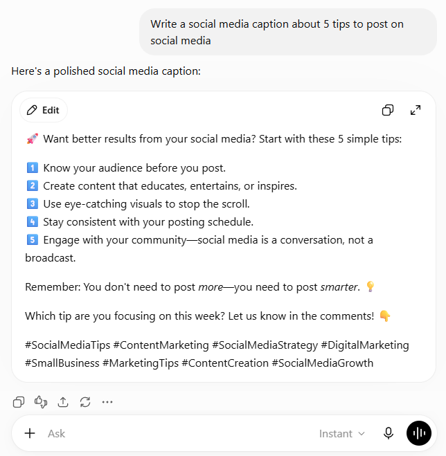 ChatGPT example of social media caption written by AI