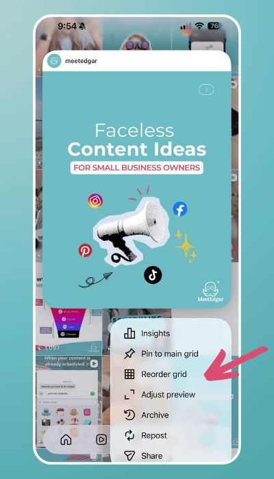 SCREENSHOT: Instagram "Reorder Grid" option in menu]