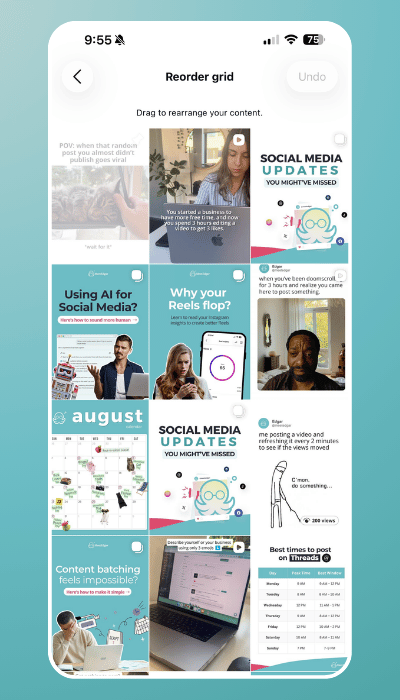 Instagram Grid reordering interface showing drag-and-drop in action
