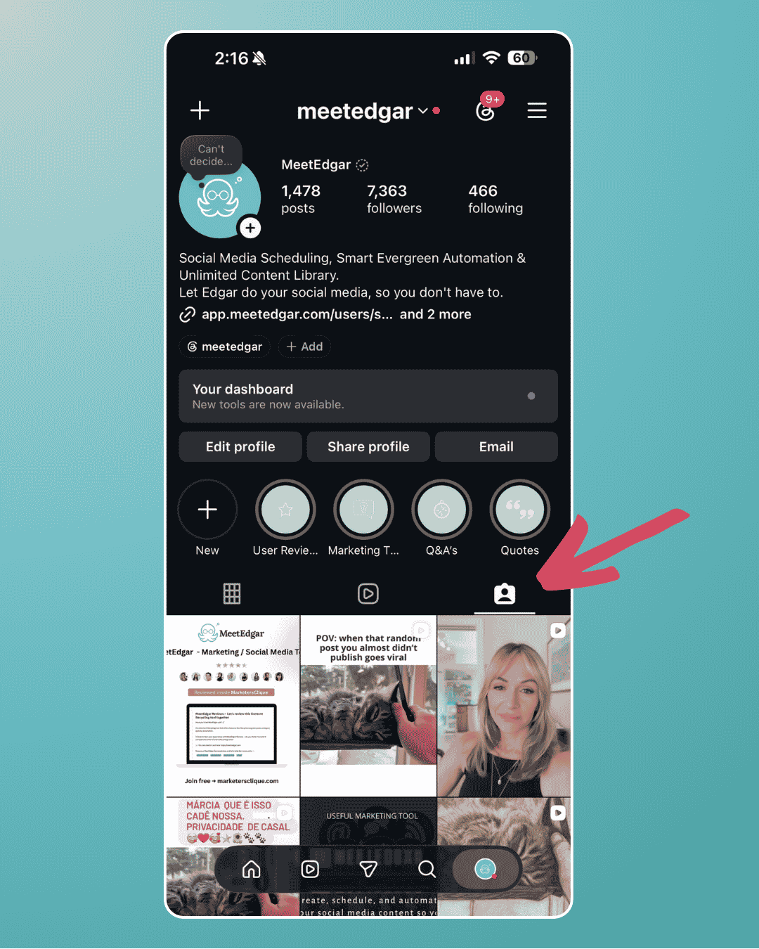 Instagram profile with the Tagged tab selected
