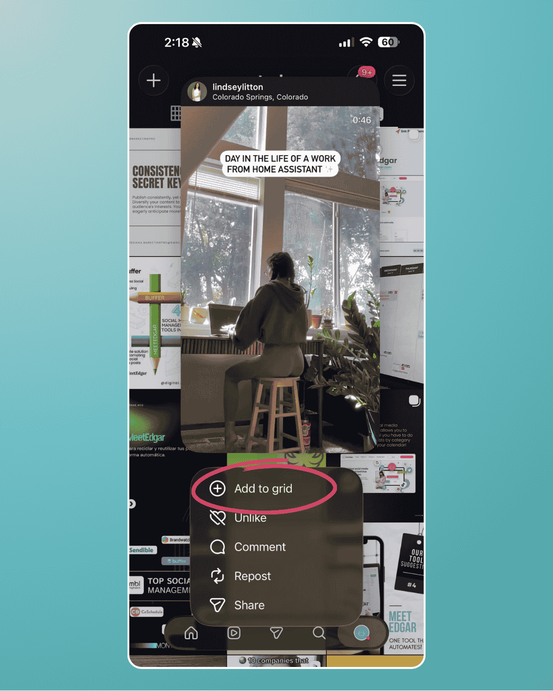 Long-press menu on a tagged Instagram post with the Add to grid option highlighted