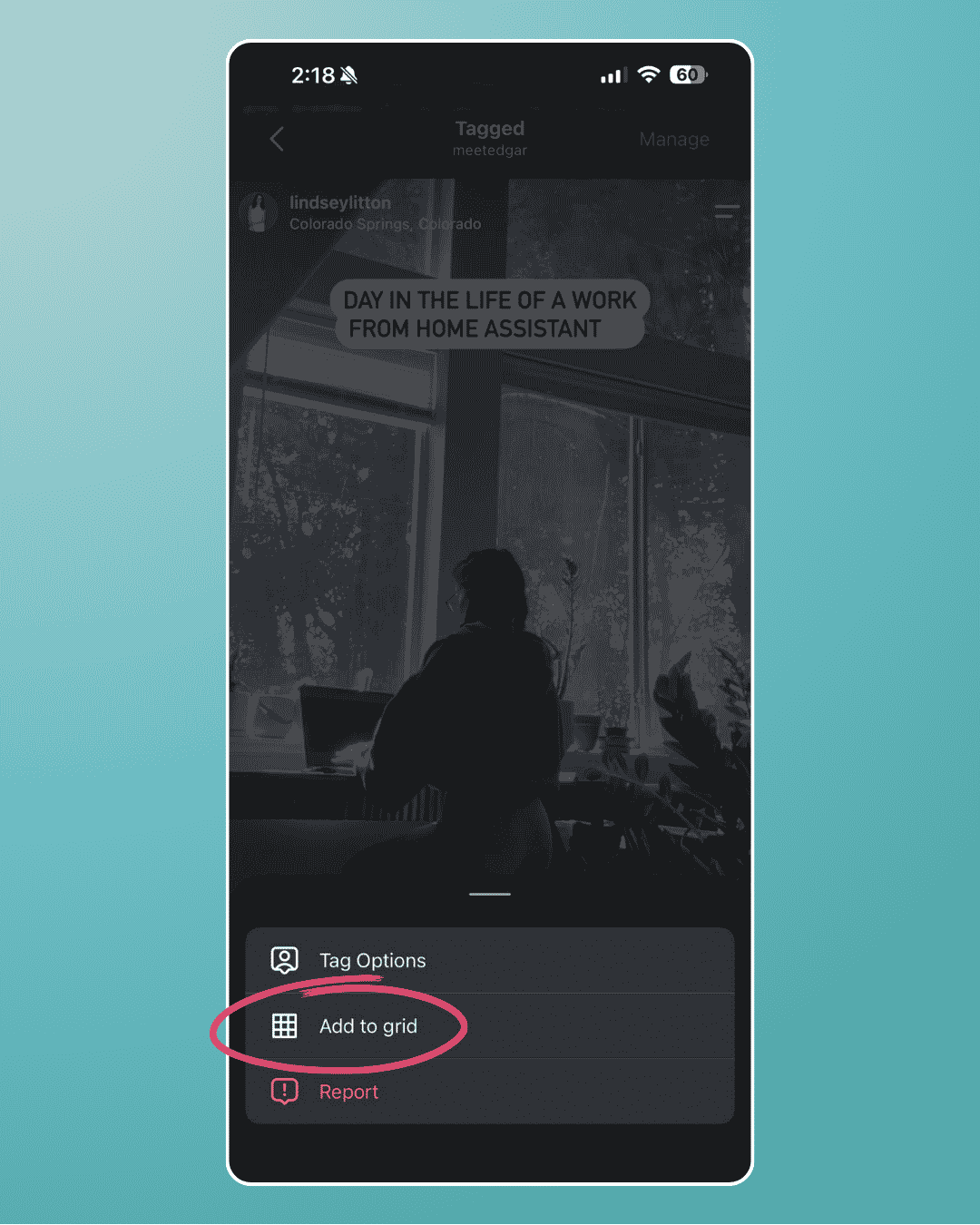 Three-dot menu on an Instagram post with the Add to grid option highlighted
