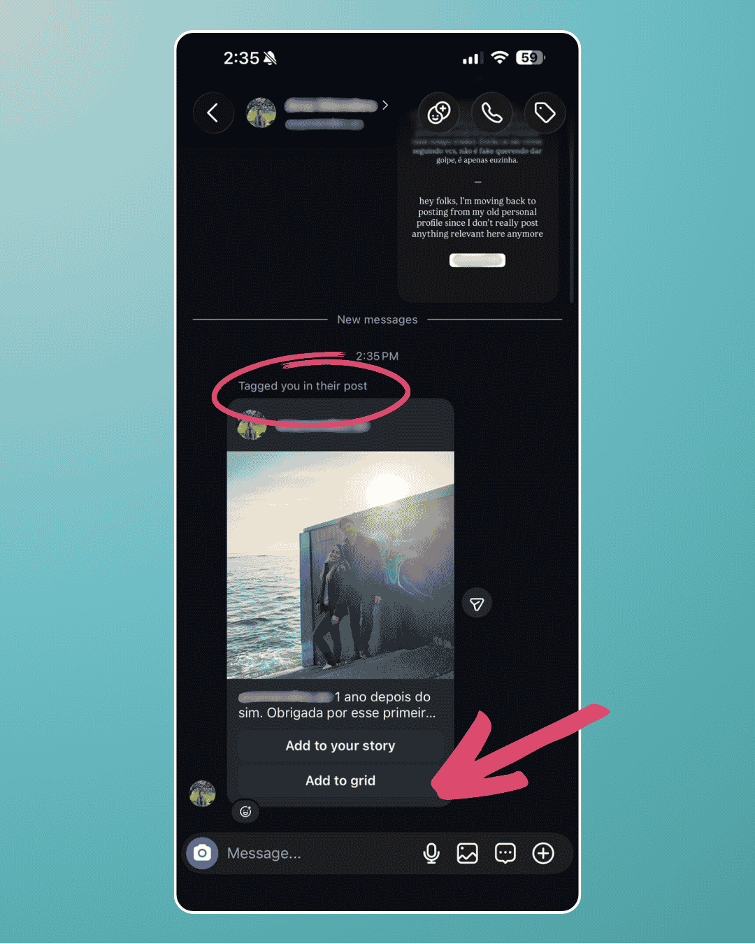 Instagram direct message notifying a user they were tagged in a post