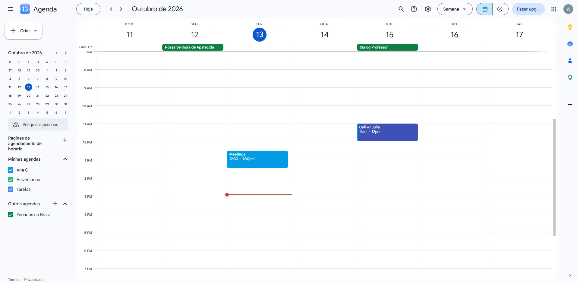 Google Calendar week view with a Google Meet link on an event