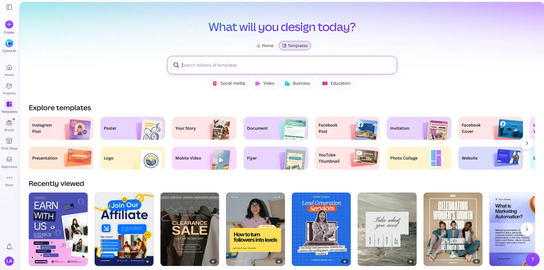 Canva templates screen
