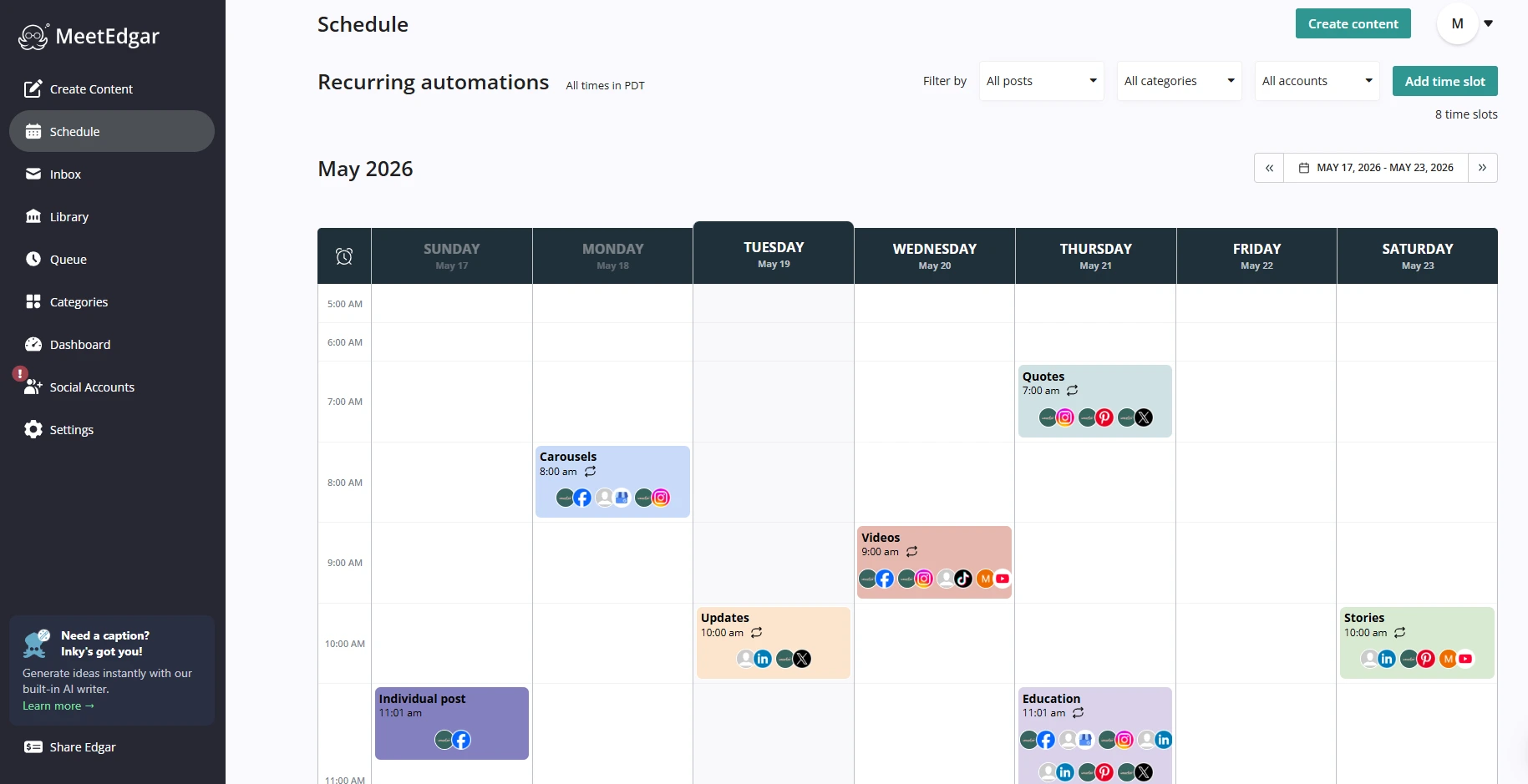 MeetEdgar Social Media Tool showing content calendar
