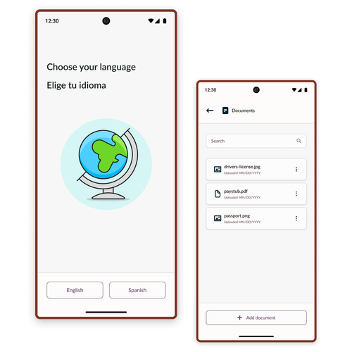 Screenshot of language selection screen and document screen