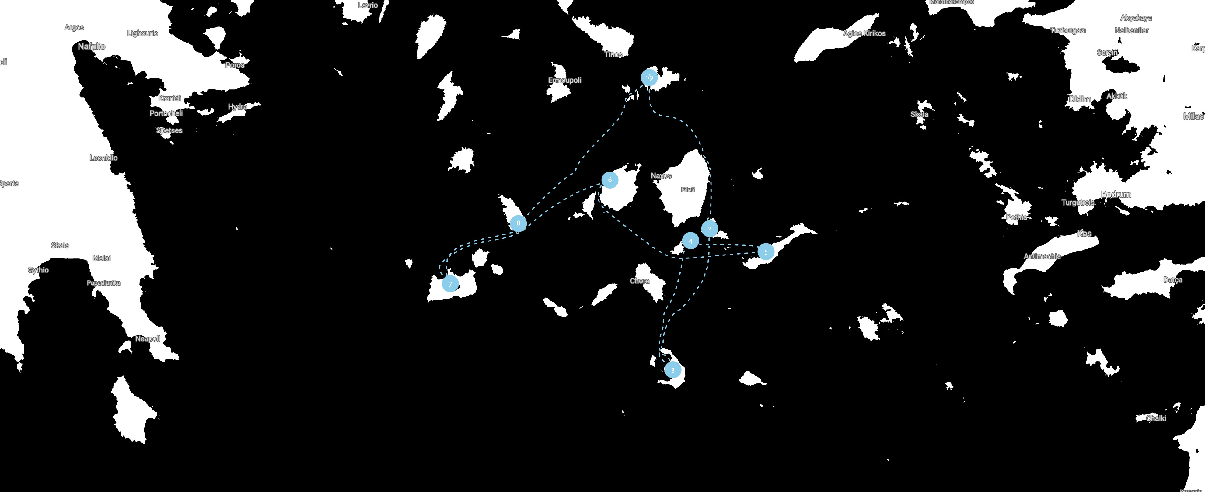 Mykonos yacht charter route map