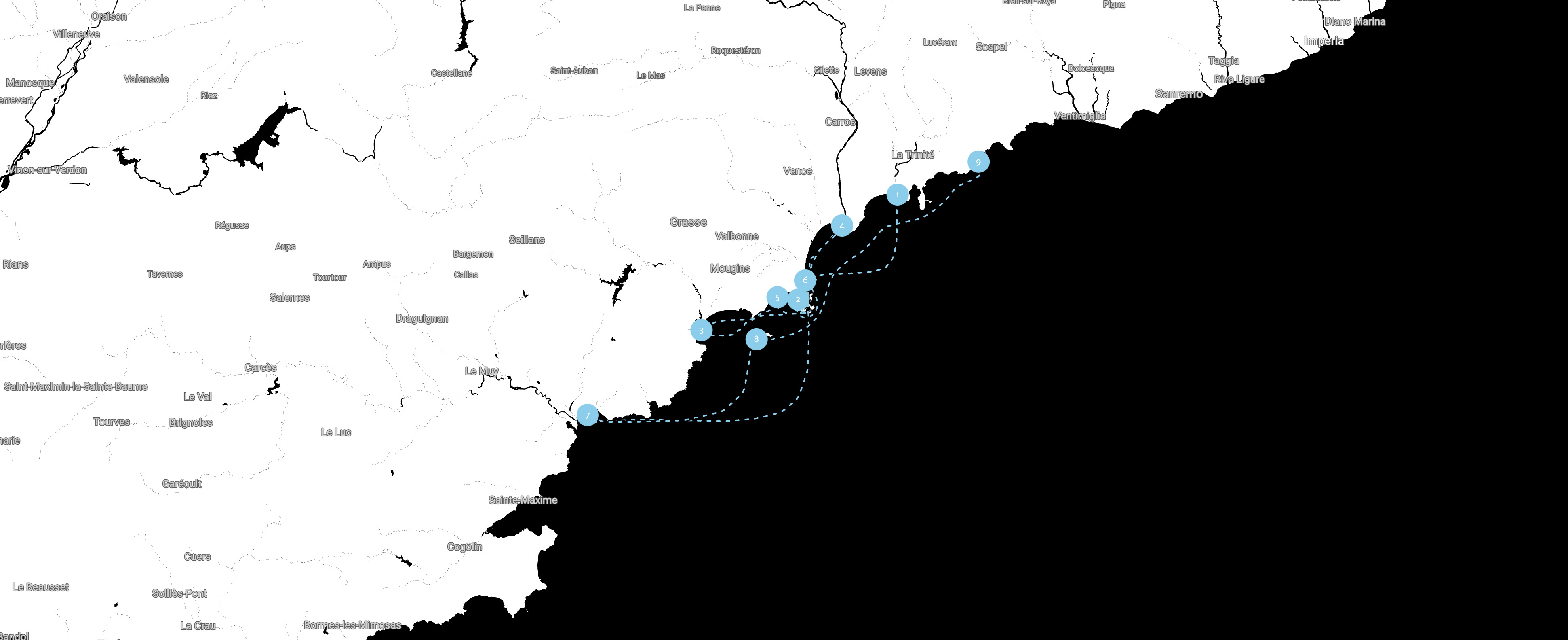 French Riviera yacht charter route map