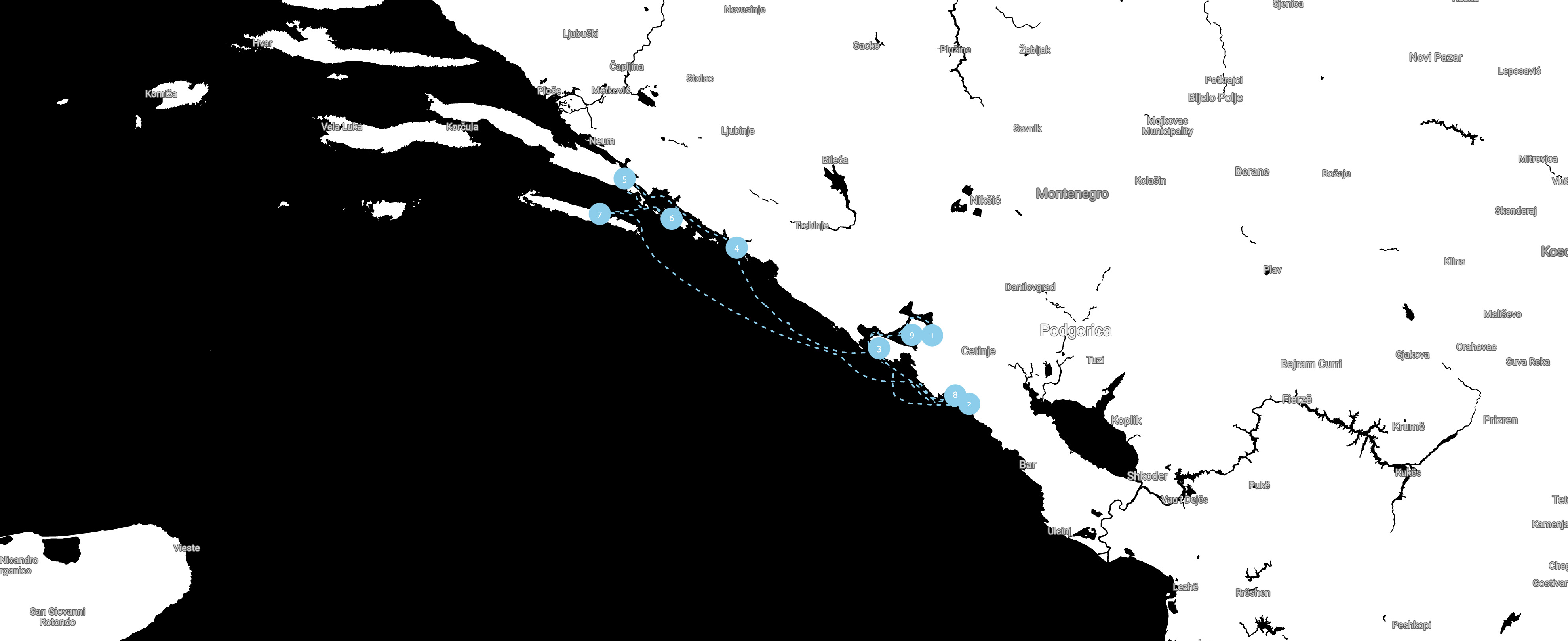 Montenegro yacht charter route map