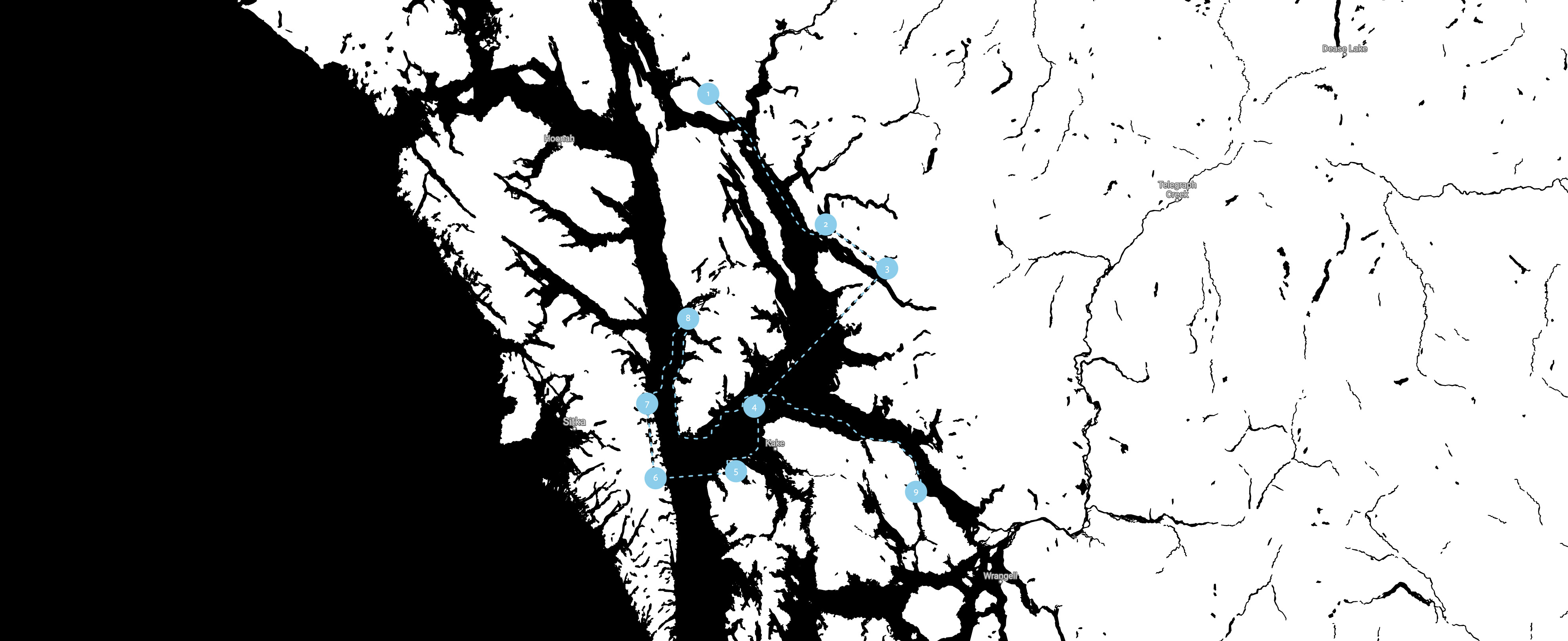 Alaska yacht charter route map