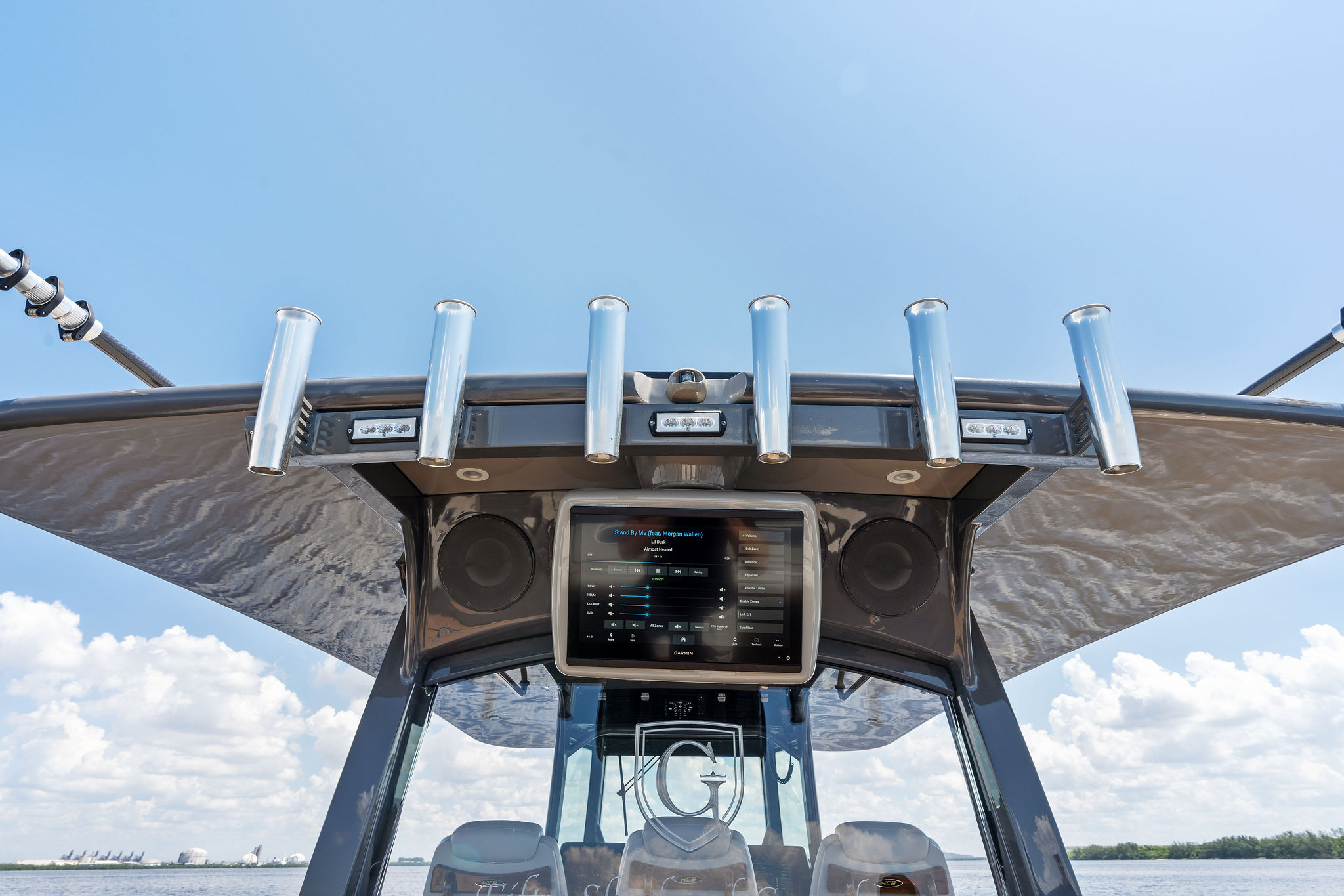 2023 HCB 42 Lujo boat dashboard with rod holders and electronic display.