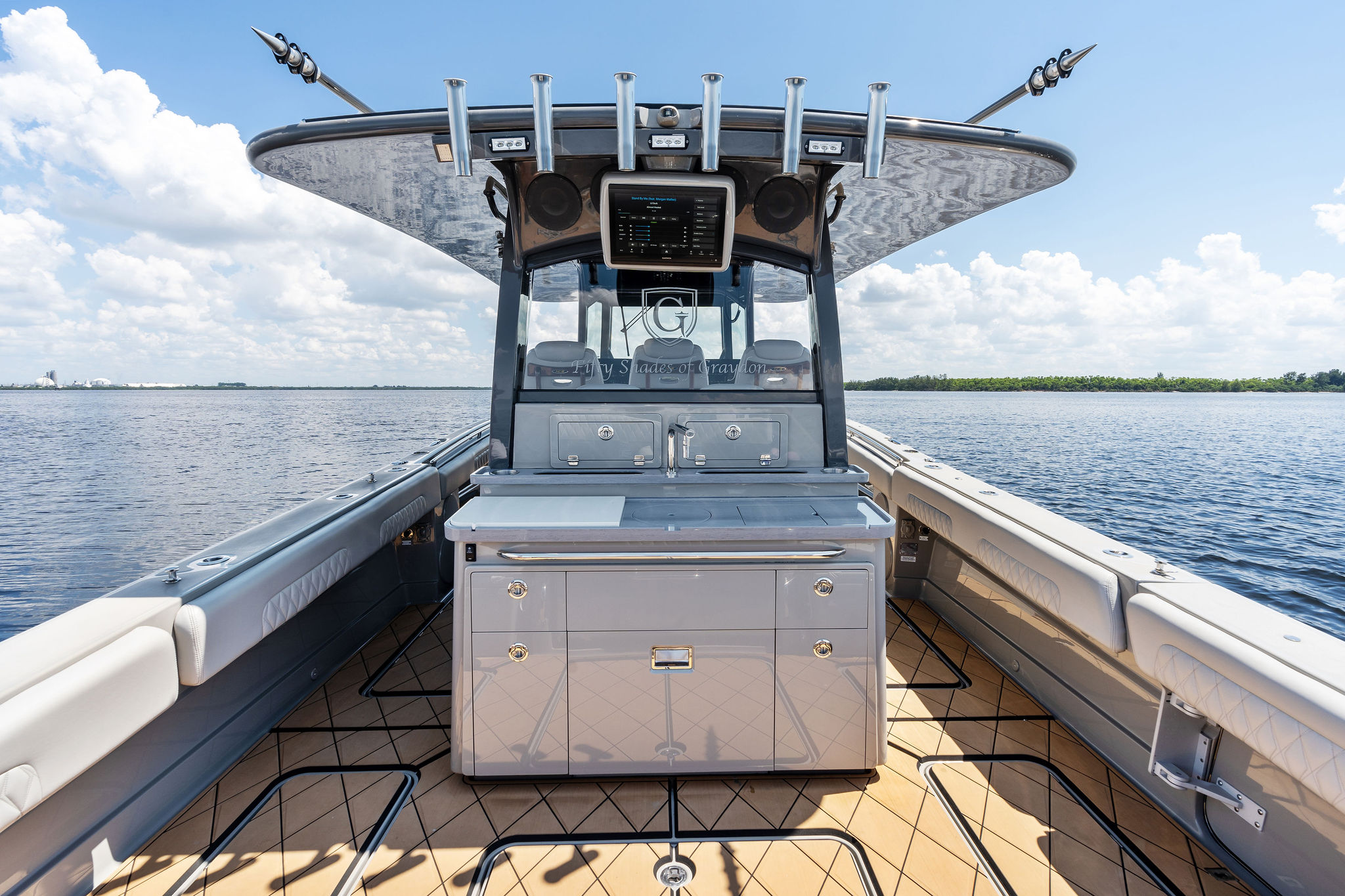 2023 HCB 42 Lujo boat interior with sleek design and advanced navigation equipment.