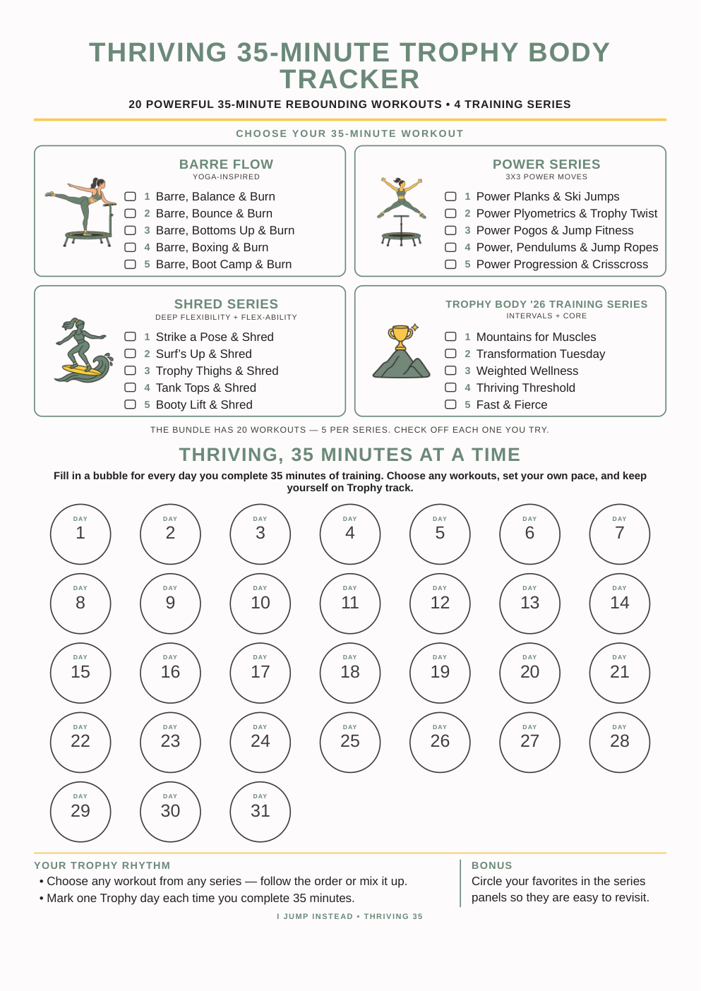 Page-one preview of the Thriving 35-Minute Trophy Body Tracker, showing four workout series and a 31-day check-off grid