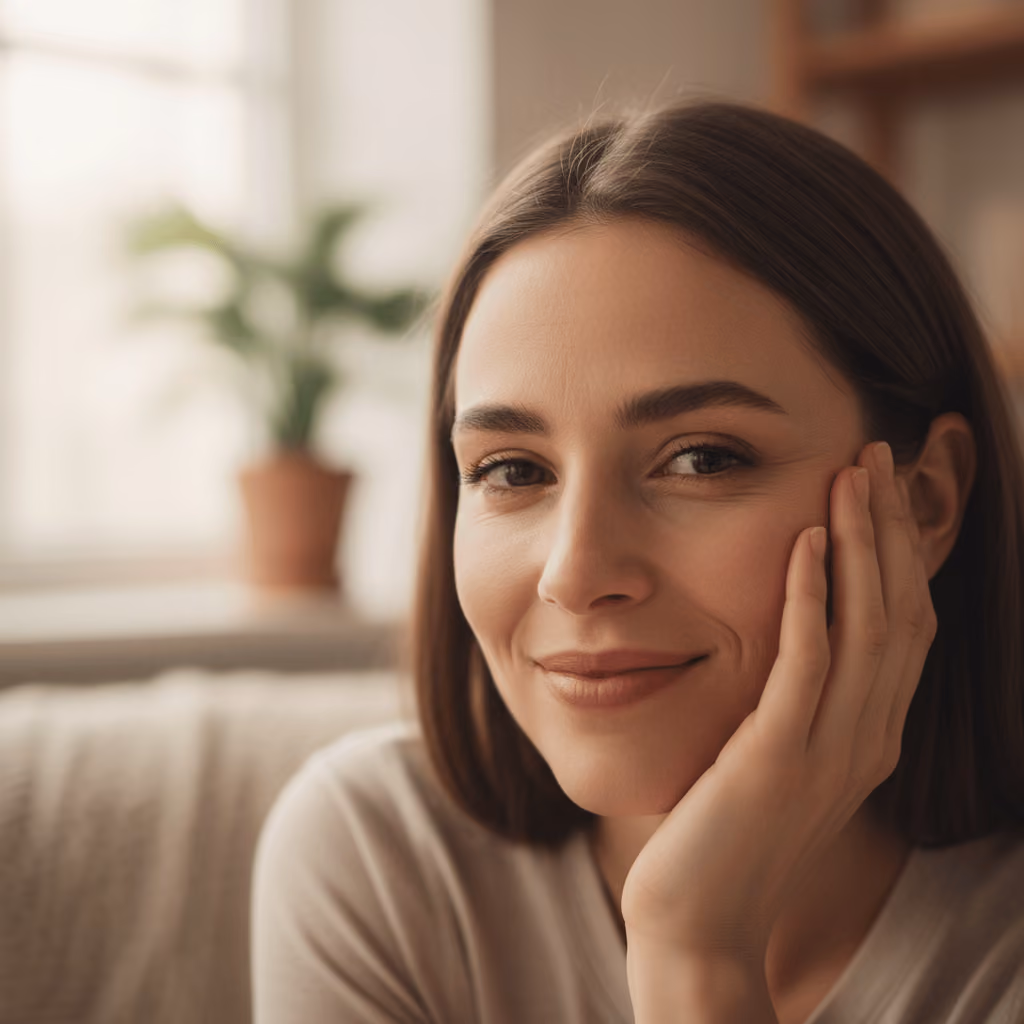 Close-up portrait of a smiling young woman with clear, healthy skin, resting her face on her hand in a bright, cozy indoor setting with soft natural light.