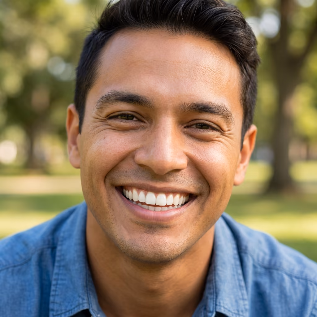 Close-up portrait of a smiling man outdoors, showing healthy, bright teeth in a sunny park setting with a softly blurred natural background.