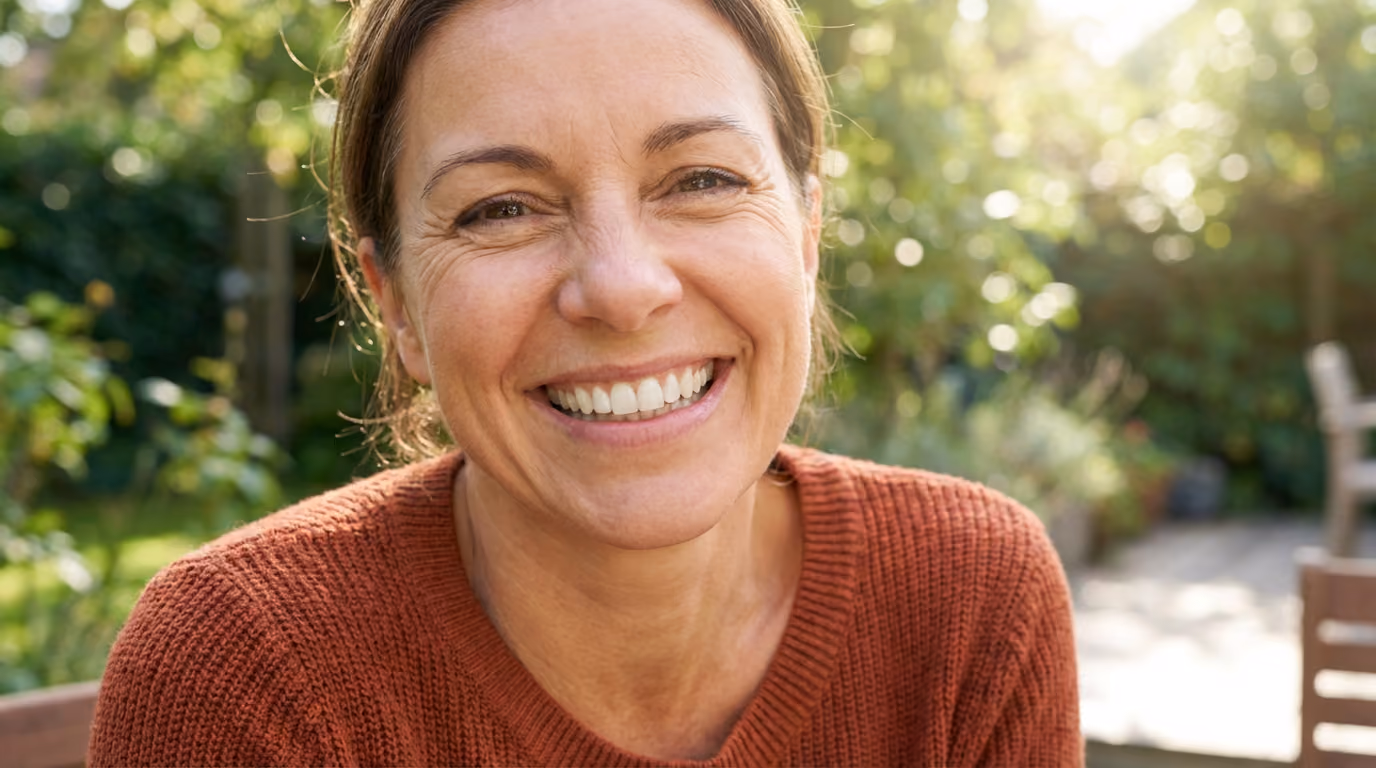 Close-up portrait of a smiling woman outdoors, showing healthy, natural-looking teeth in a bright garden setting with soft sunlight and a blurred background.
