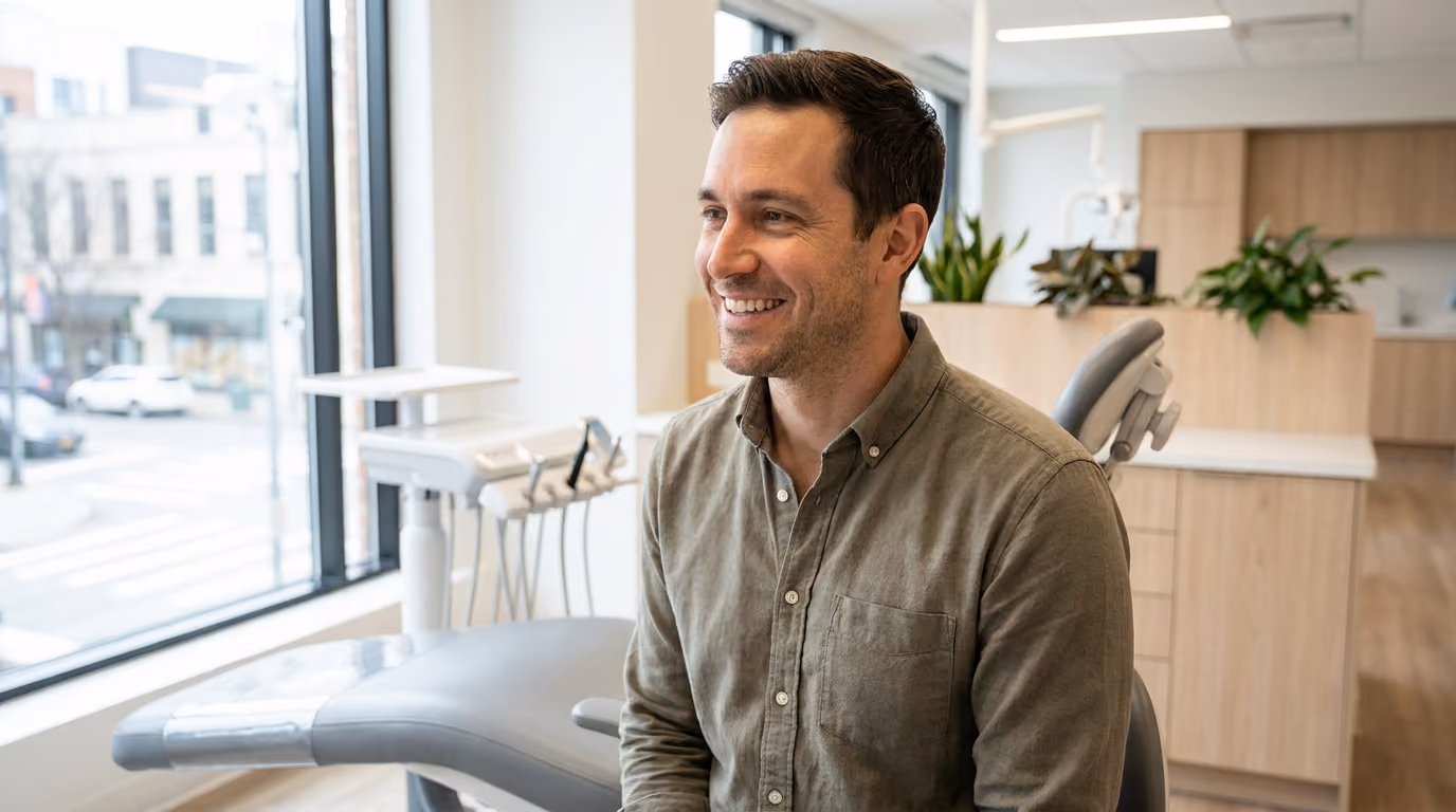 Smiling patient seated comfortably in a modern dental treatment room, reflecting a relaxed and positive experience before or after a dental appointment.