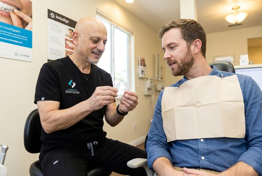 A Clairemont Dentistry dentist shows a clear aligner to a patient seated in a dental chair, explaining Invisalign treatment in an exam room with orthodontic posters on the wall.