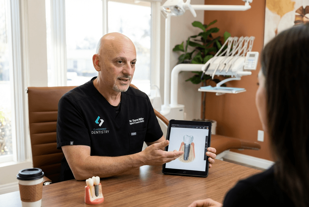 A Clairemont Dentistry dentist explains dental implant treatment to a patient using a tablet with an implant illustration and a tooth model on the consultation table.