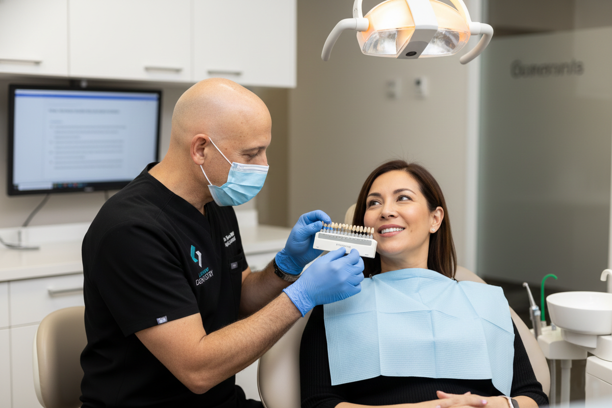 A Clairemont Dentistry dentist holds a tooth shade guide next to a smiling patient’s teeth during a cosmetic dental consultation in a modern exam room.