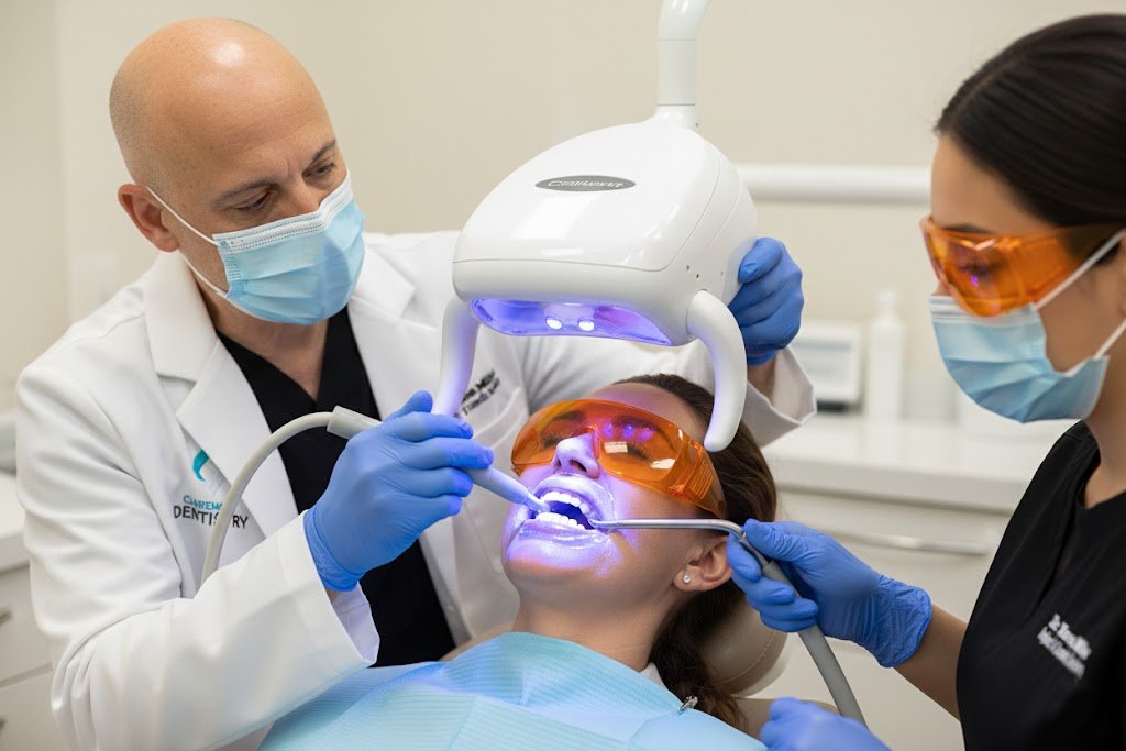 A Clairemont Dentistry dentist and dental assistant perform a teeth whitening procedure on a patient wearing protective glasses, using a blue light device in a dental exam room.