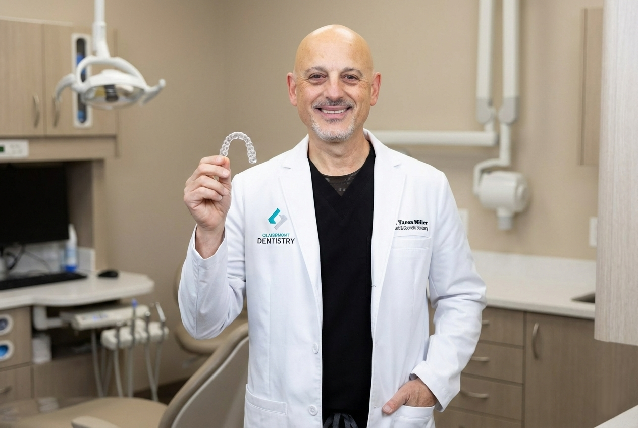 Dr. Yaron Miller in a white coat smiles while holding a clear aligner in a dental exam room.