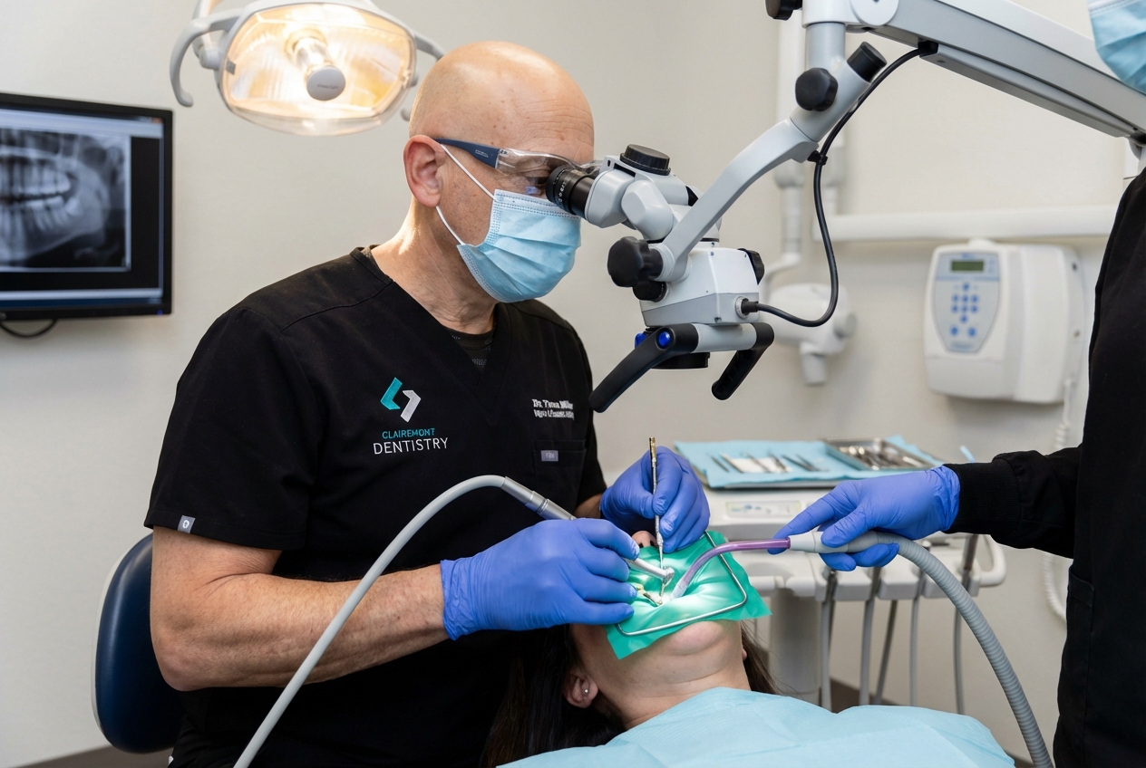 A Clairemont Dentistry dentist uses a dental microscope while performing a procedure on a patient, with an assistant providing suction and a dental X-ray visible on a nearby monitor.