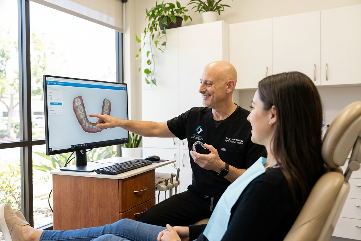 A Clairemont Dentistry dentist points to a digital 3D scan on a monitor while explaining clear aligner treatment to a patient seated in a dental chair.