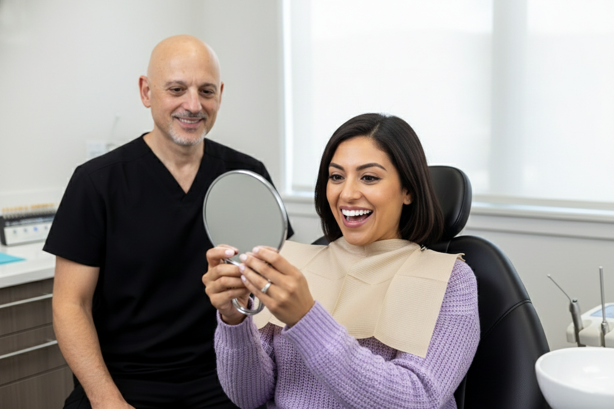 A patient smiles while viewing her results in a handheld mirror as a Clairemont Dentistry dentist stands nearby in a dental exam room.