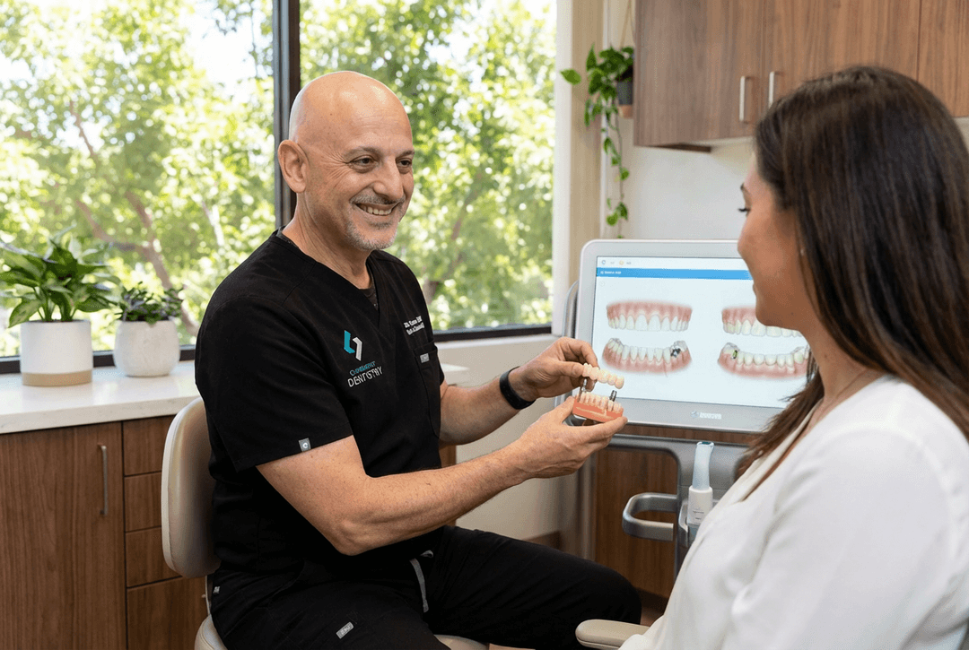 A Clairemont Dentistry dentist smiles while explaining a dental restoration using a tooth model, with digital treatment images displayed on a monitor beside the patient.