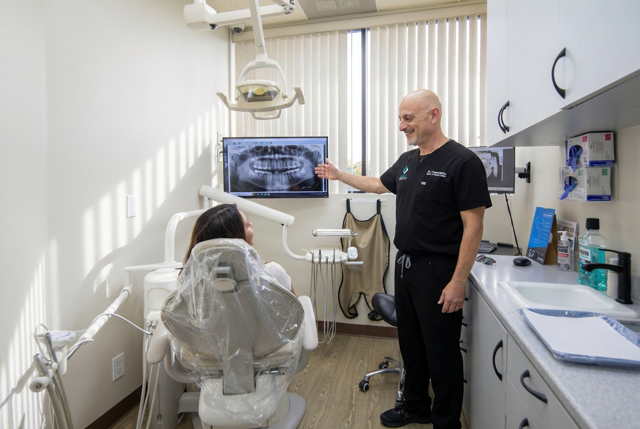 A Clairemont Dentistry dentist smiles while pointing to a panoramic dental X-ray on a monitor for a patient seated in a dental exam chair.