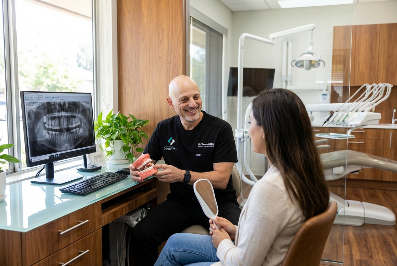 A Clairemont Dentistry dentist reviews dental X-rays with a patient seated in a bright consultation room, using a tablet while discussing treatment options.