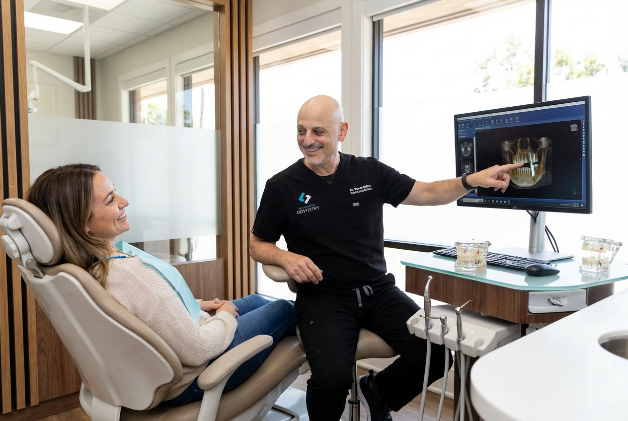 A Clairemont Dentistry dentist points to a 3D dental implant scan on a monitor while discussing treatment with a smiling patient seated in a dental exam chair.