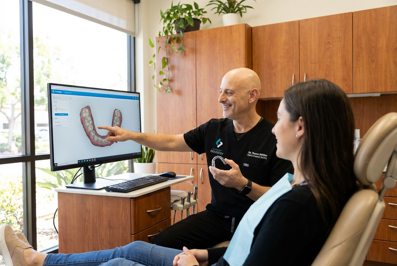 A Clairemont Dentistry dentist points to a digital 3D scan on a monitor while explaining clear aligner treatment to a patient seated in a dental chair.