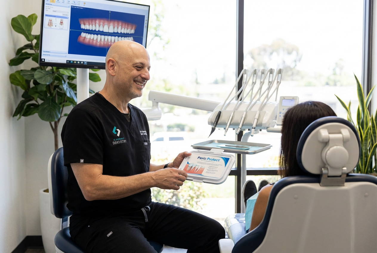 A Clairemont Dentistry dentist smiles while reviewing gum health information with a patient in a dental exam room, with a digital smile image displayed on the monitor behind him.